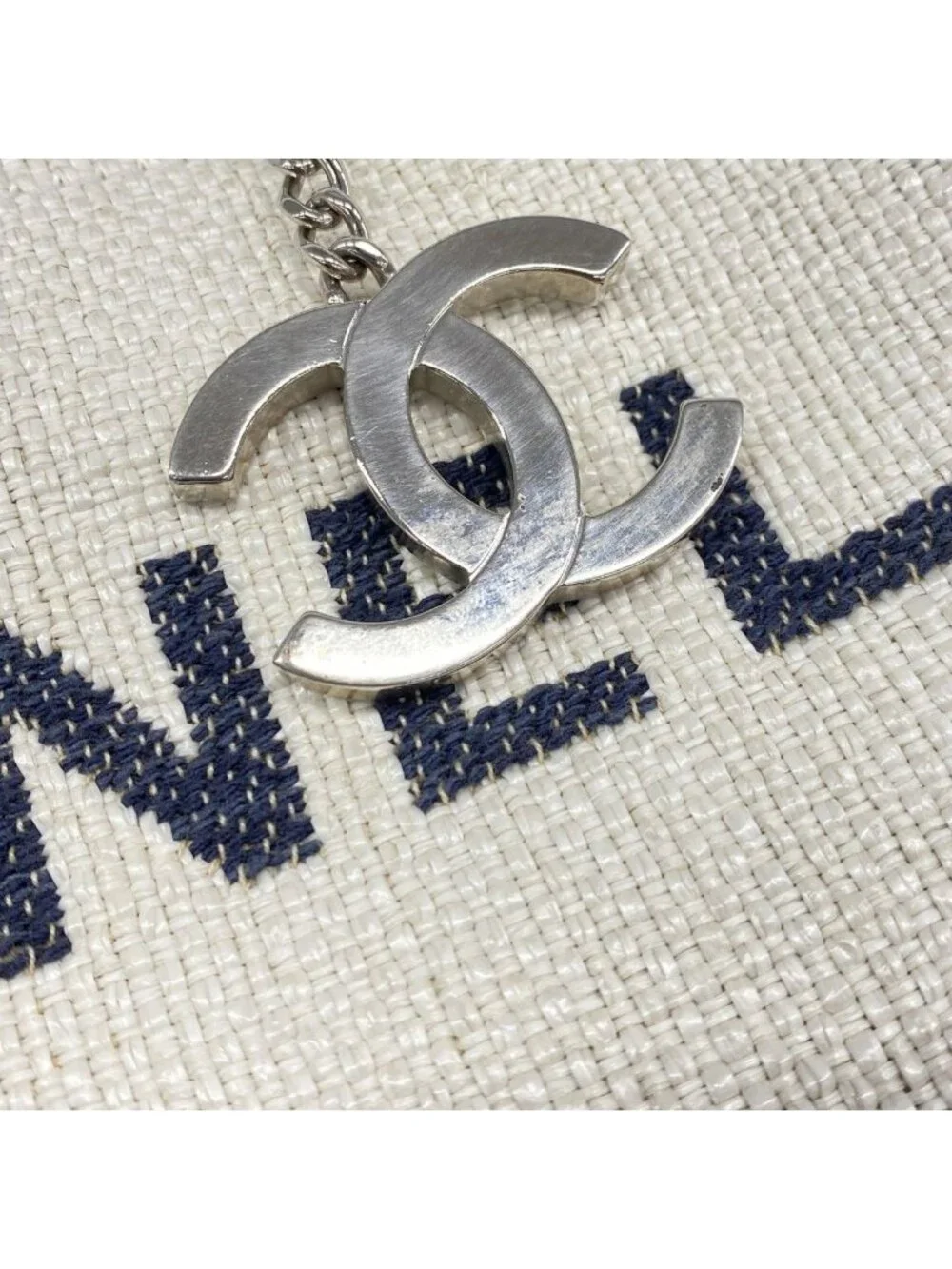 Chanel Chain Tote Deauville Straw Ivory Navy Silver